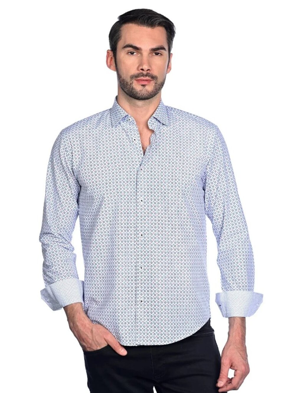 Mizumi White Geo Print Long Sleeve Button Up Shirt